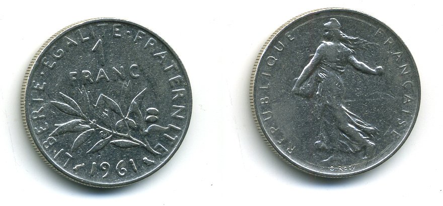 ФРАНЦИЯ 1 ФРАНК 1961 СЕЯТЕЛЬ KM 925.1 никель 57-1323