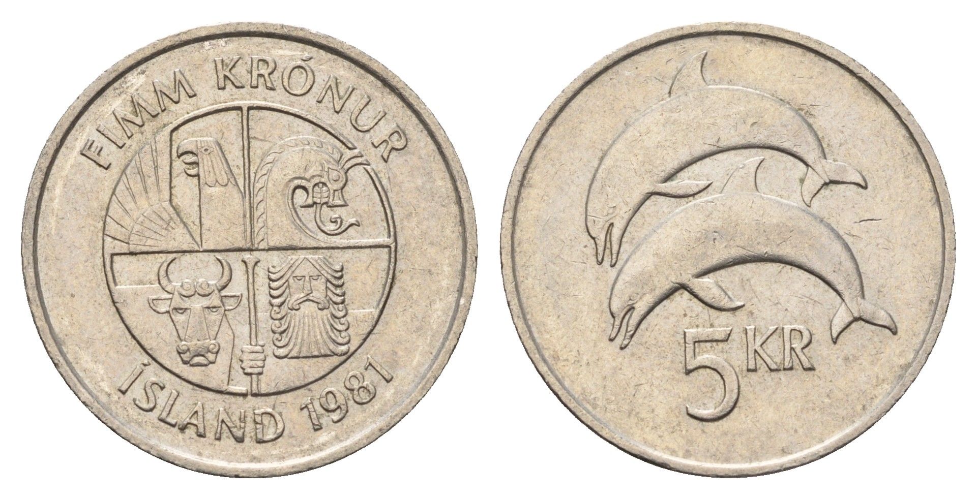 Исландия 5 крон 1981 дельфины KM 28 медно-никель 4591-847