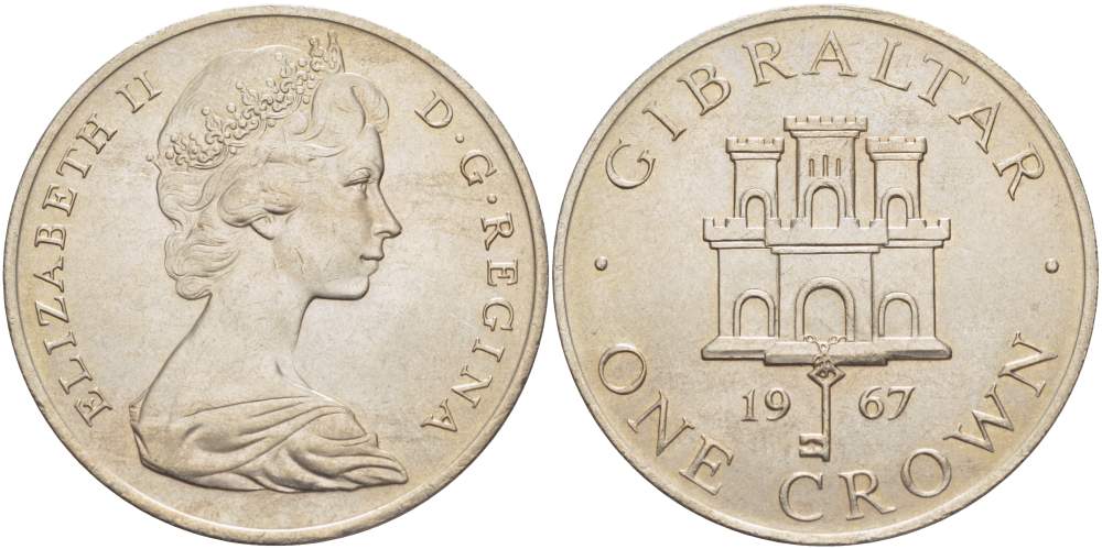 Гибралтар 1 крона 1967 Елизавета II (1952-2022), старый замок, первый год чекана KM 4 медно-никель UNC 4527-424