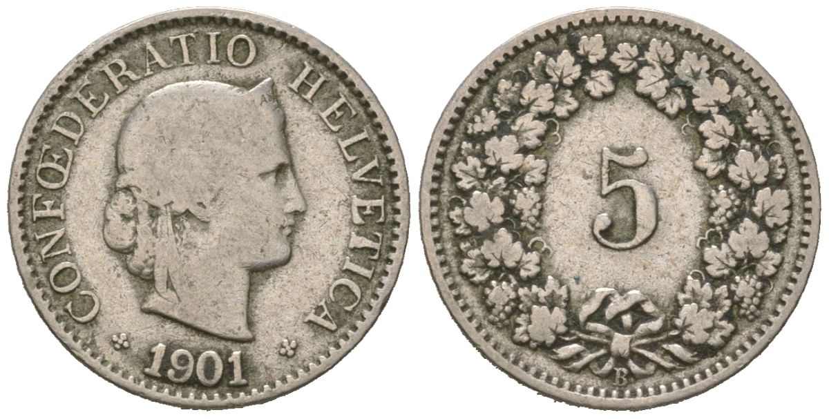 Швейцария 5 раппенов 1901 B KM 26 медно-никель 39-141