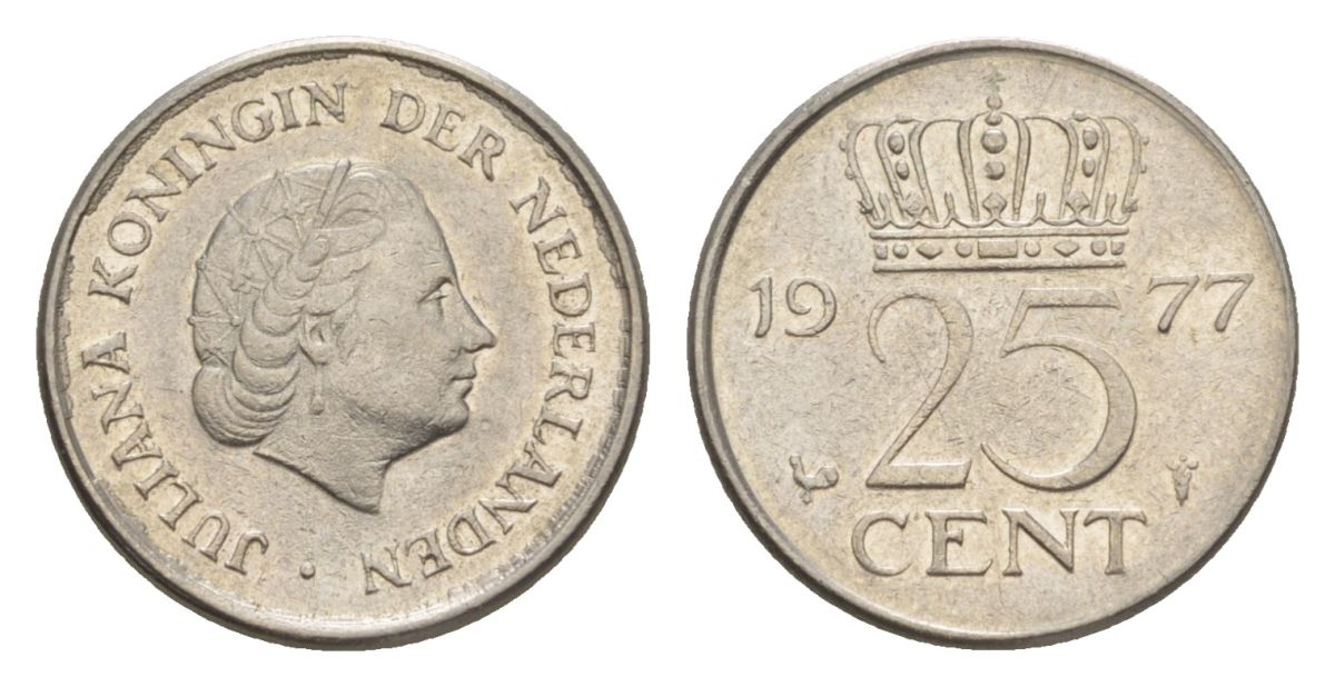 Нидерланды 25 центов 1977 KM 183 никель 4632-437