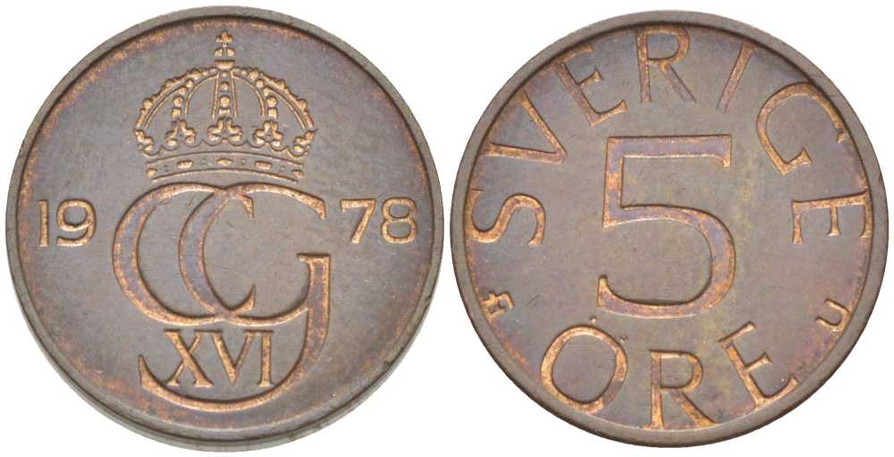 Швеция 5 эре 1978 Карл XVI Густав (1973- ) KM 849 медь олово цинк 214-548