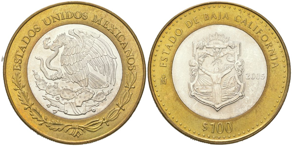 Мексика 100 песо 2005 180 лет Федерации - Нижняя Калифорния KM 723 биметалл, серебро BU 00-1067-7-13