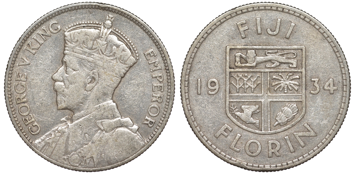 Фиджи 1 флорин 1934 Георг V (1910-1936), герб Фиджи KM 5 серебро    91-1143