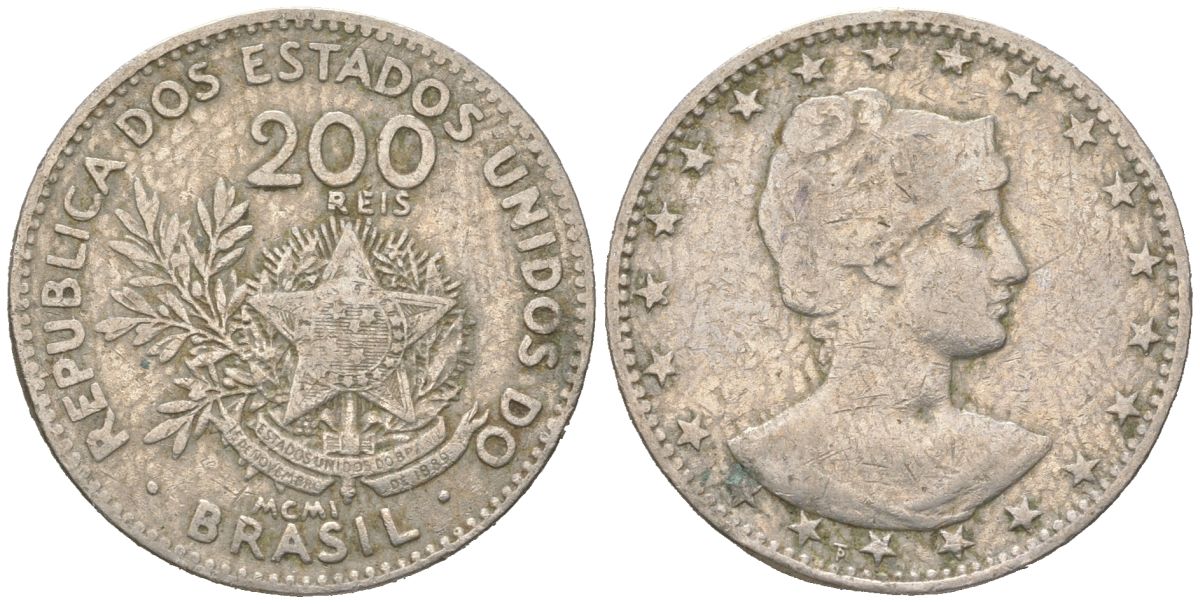 Бразилия 200 реалов 1901 MCMI, голова свободы вправо KM 504 медно-никель 4612-247