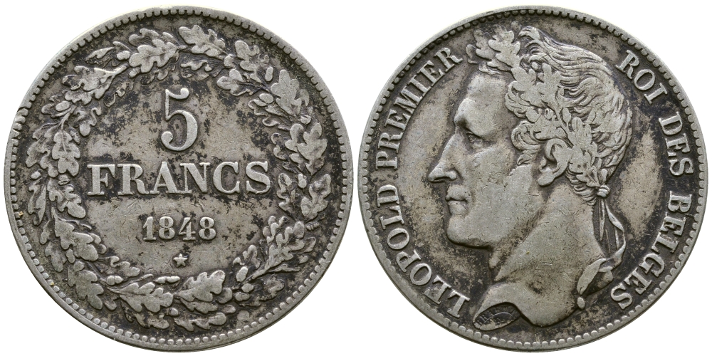 Бельгия 5 франков 1848 Леопольд I (1831-1865), в венке KM 3.2 серебро 74-1012