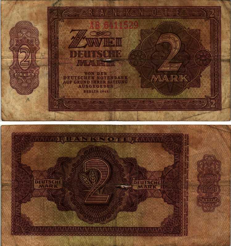 ГДР 2 МАРКИ 1948 СЕМЬ ЦИФР В НОМЕРЕ, ДЕМОКРАТИЧЕСКАЯ РЕСПУБЛИКА Pick 10b бумага 7547-79-1