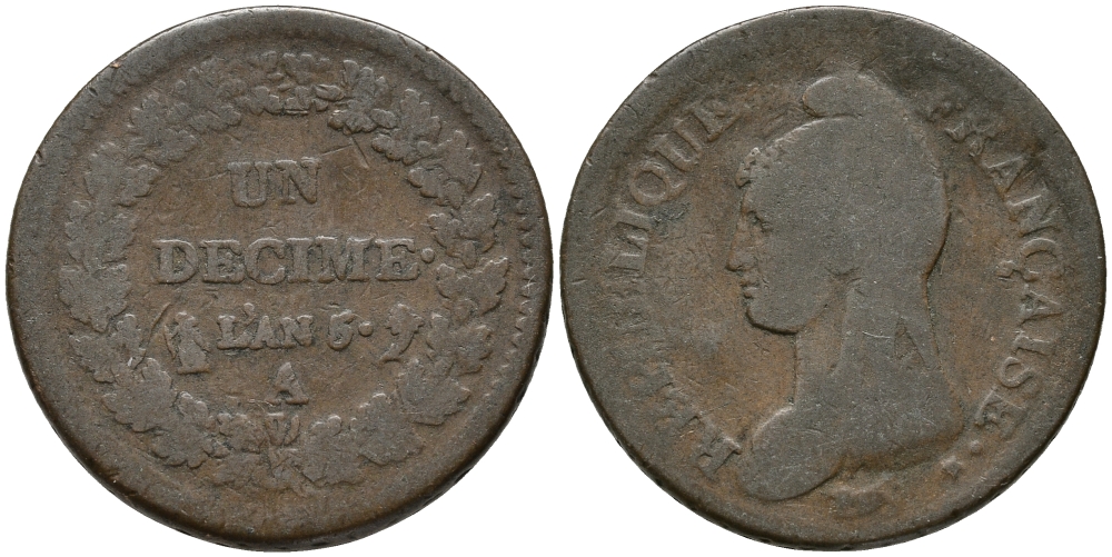 ФРАНЦИЯ 5 САНТИМОВ L'AN 9 BB KM 640.4 (С135.4) бронза 32-913