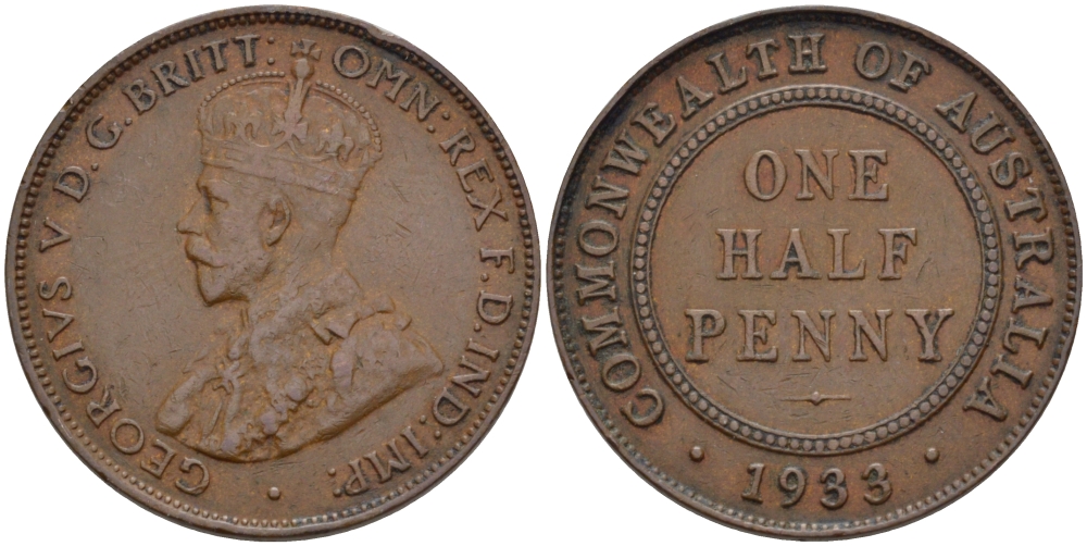 АВСТРАЛИЯ 1/2 ПЕННИ 1933 m, ГЕОРГ V (1910-1936) KM 22 бронза 67-1223