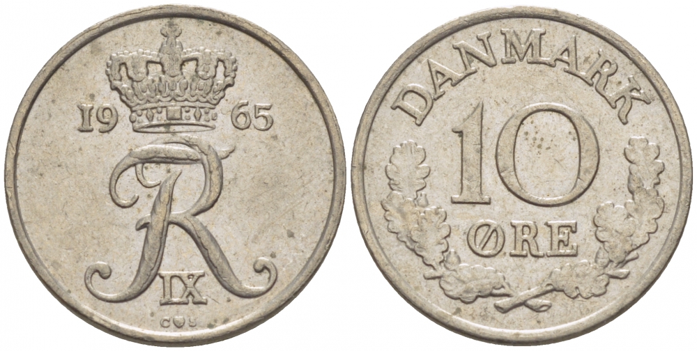 Дания 10 эре 1965 C;S, Фредерик IX (1947-1972) КМ 849.1 медно-никель 3309-151