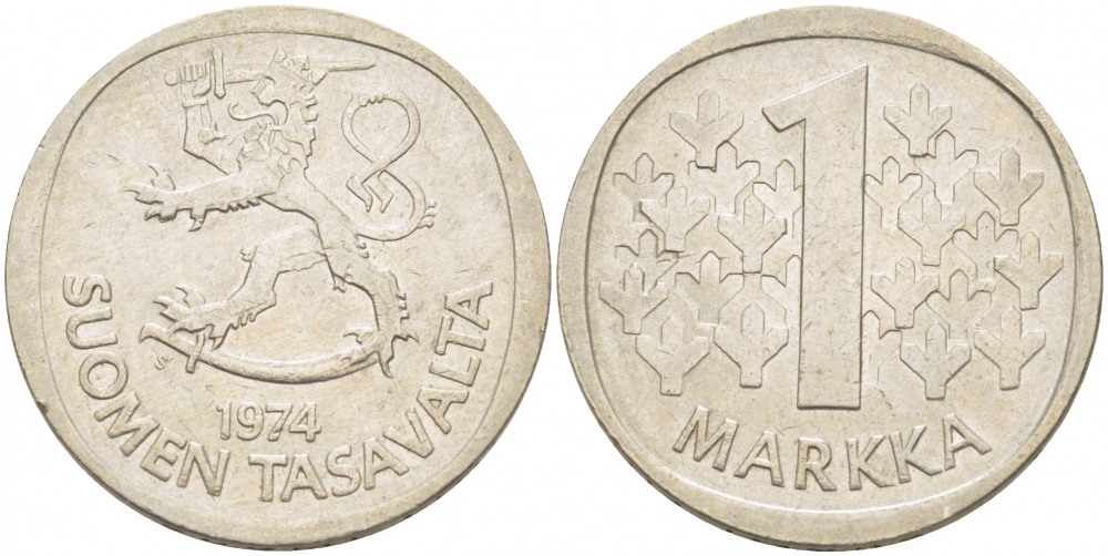 ФИНЛЯНДИЯ 1 МАРКА 1974 S KM 49а медно-никель 3718-1224
