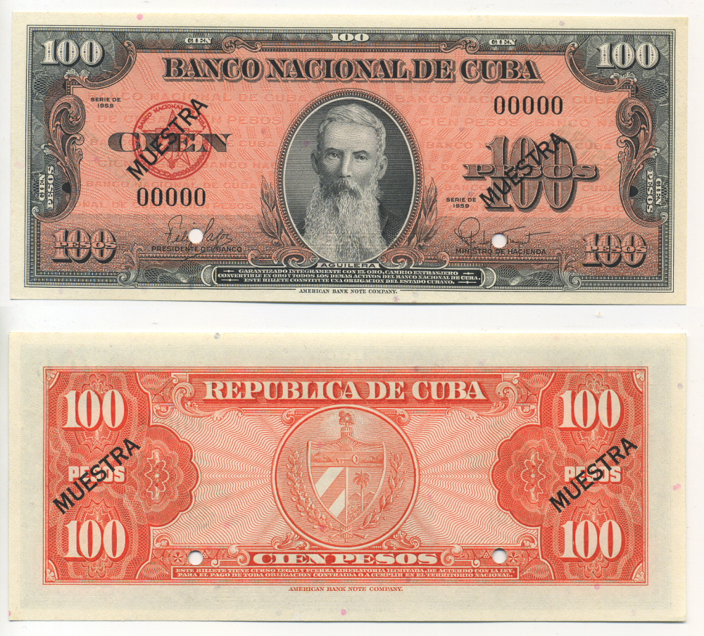 КУБА 100 ПЕСО 1959 ДВЕ ДИАГОНАЛЬНЫЕ ЧЕРНЫЕ НАДПЕЧАТКИ MUESTRA, ПРОСЕЧКИ, НОМЕР 00000 Pick 93s1 бумага UNC (ПРЕСС) 451-362-1