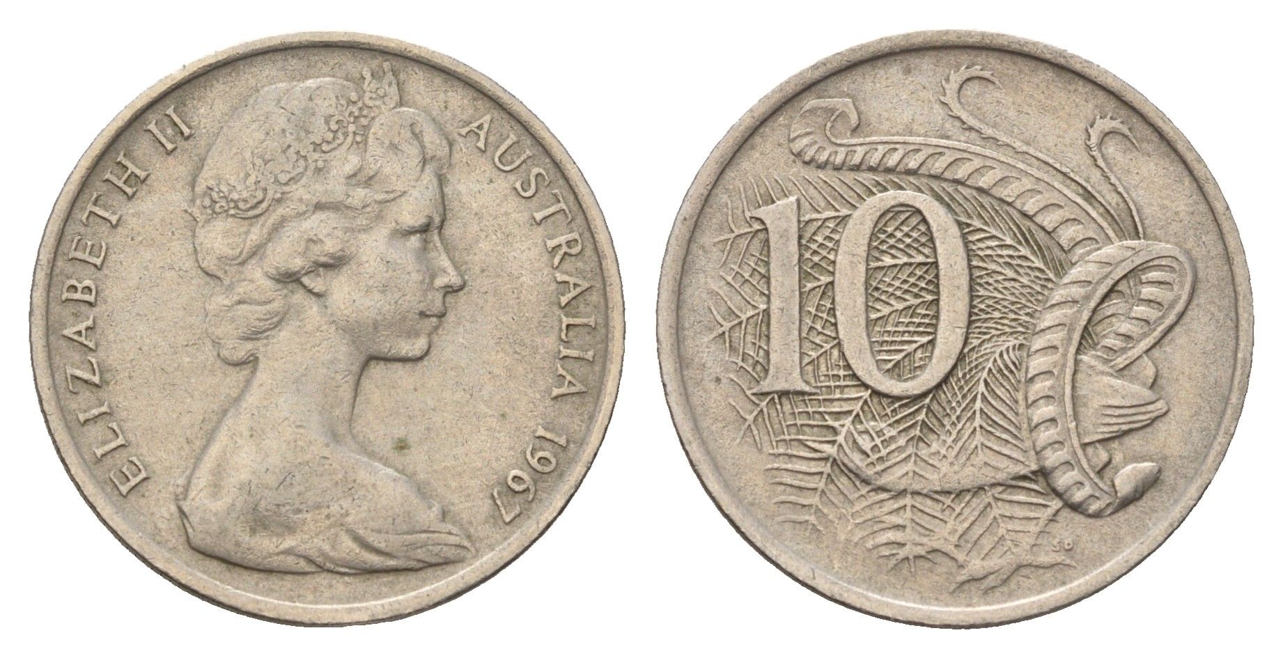 Австралия 10 центов 1967 Елизавета II (1952-2022), птица лирахвост KM 65 медно-никель 4671-452