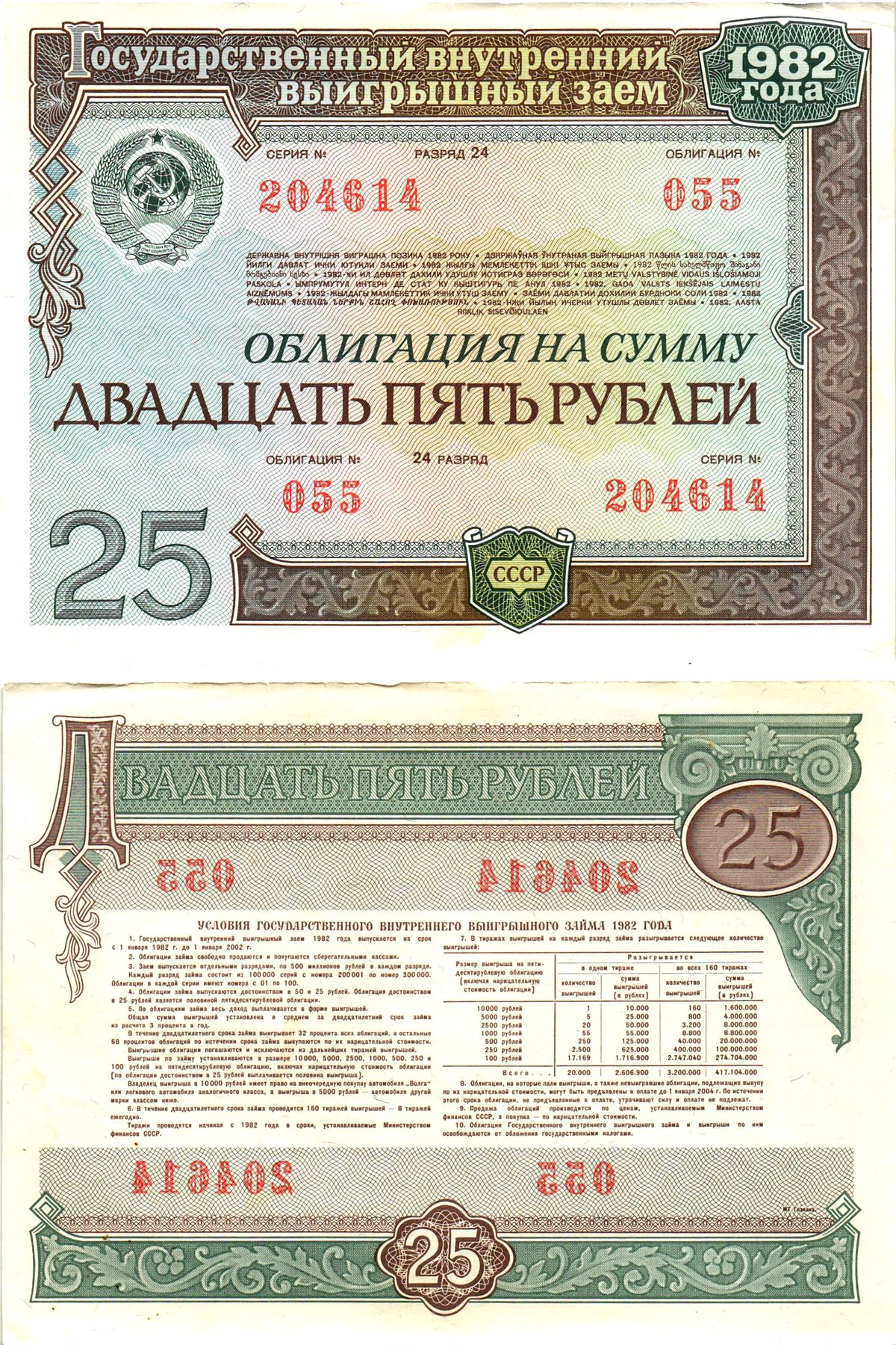 СССР облигация в 25 рублей 1982 государственный внутренний выигрышный заем, разряд 24   бумага  aUNC 8609-2-2-1