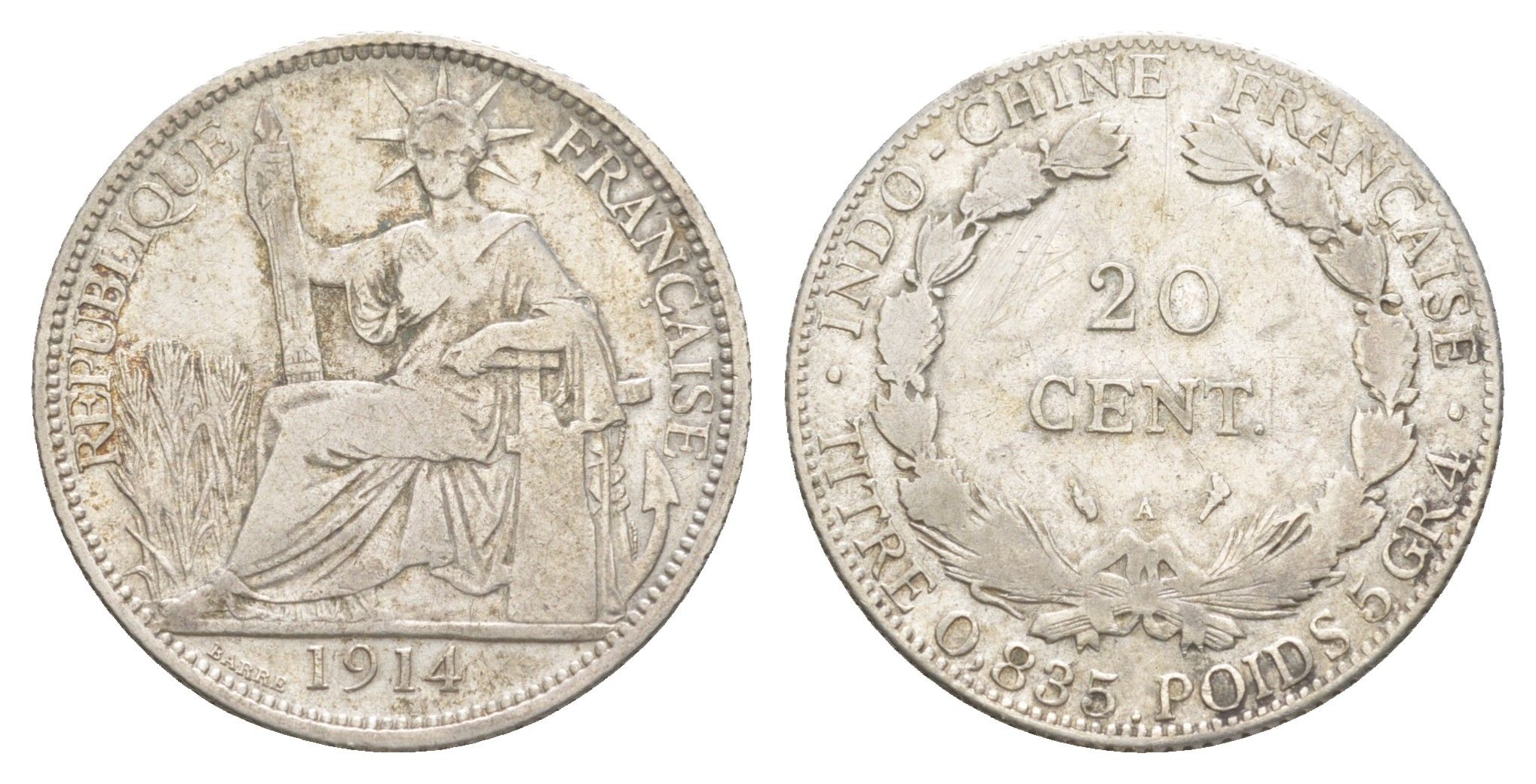 Французский Индокитай 20 сантимов 1914 KM 10 серебро 1521-913