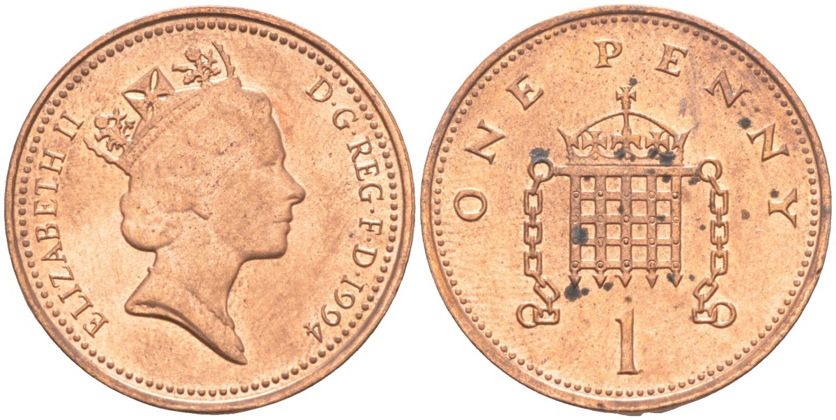 Великобритания 1 пенни 1994 Елизавета II (1952-2022) KM 935a, Spink 4391 (B4) сталь плакированная медью 27-825