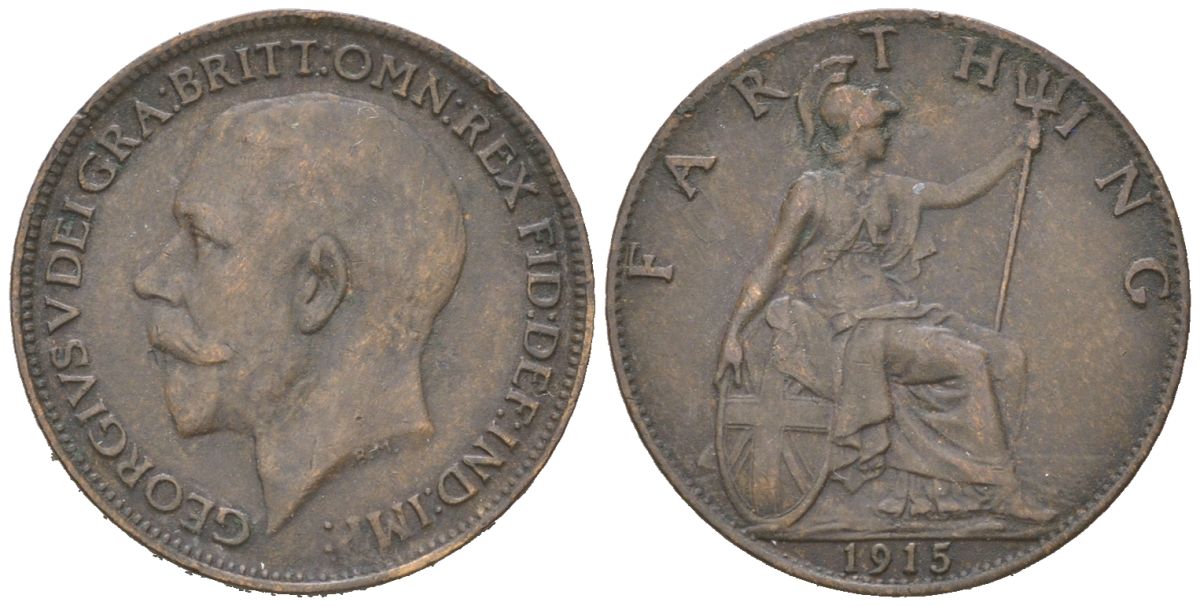 Великобритания 1 фартинг 1915 Георг V (1910-1936) KM 808.1, Spink 4059 бронза 4617-854