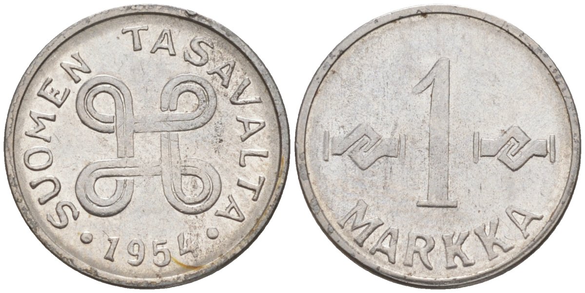 Финляндия 1 марка 1954 KM 36а железо плакированное никелем 187-444