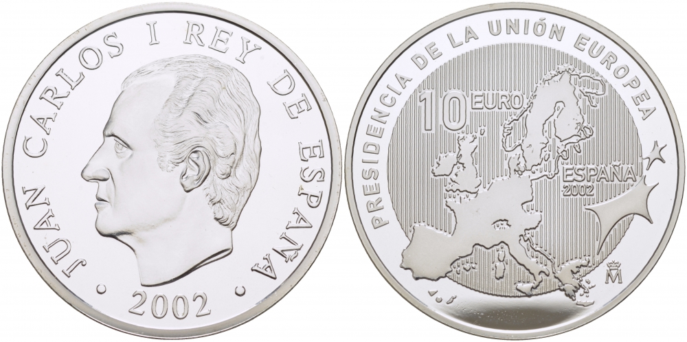 Испания 10 евро 2002 Председательство Испании в Евросоюзе, карта KM 1048 серебро PROOF 1077-9-13