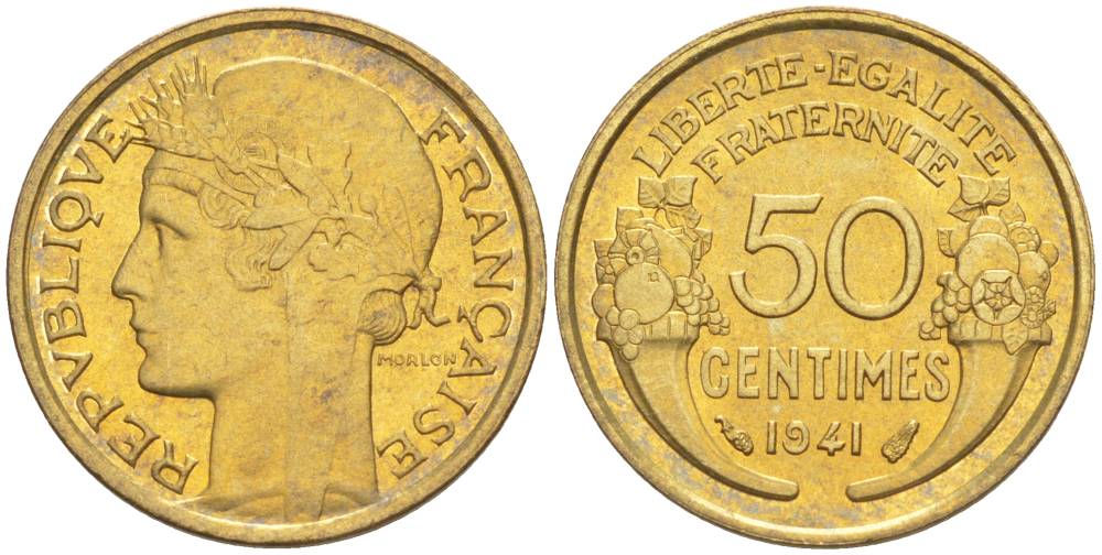 ФРАНЦИЯ 50 САНТИМОВ 1941 ТИП MORLON KM 894.1, LE FRANC 192.18 алюминиевая бронза 44-549