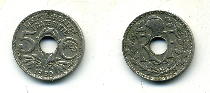 ФРАНЦИЯ 5 САНТИМОВ 1930 ТИП ЛИНДАЙЁ KM 875 медно-никель 84-324