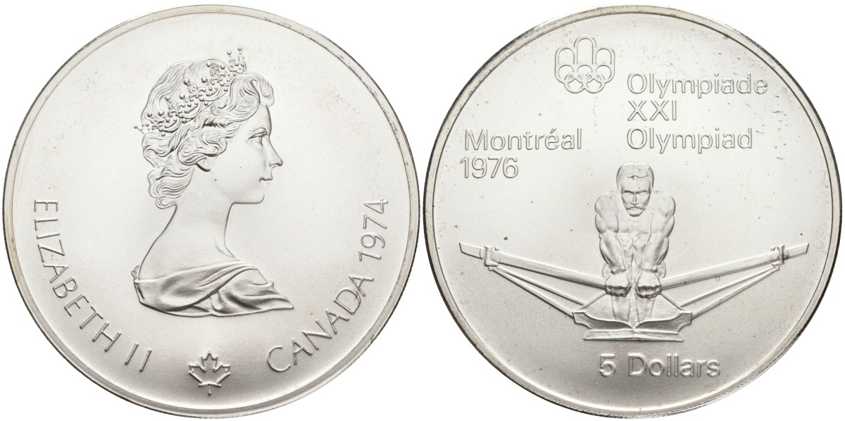 Канада 5 долларов 1974 XXI летние Олимпийские игры в Монреале 1976 года, гребля KM 91 серебро UNC 1525-511