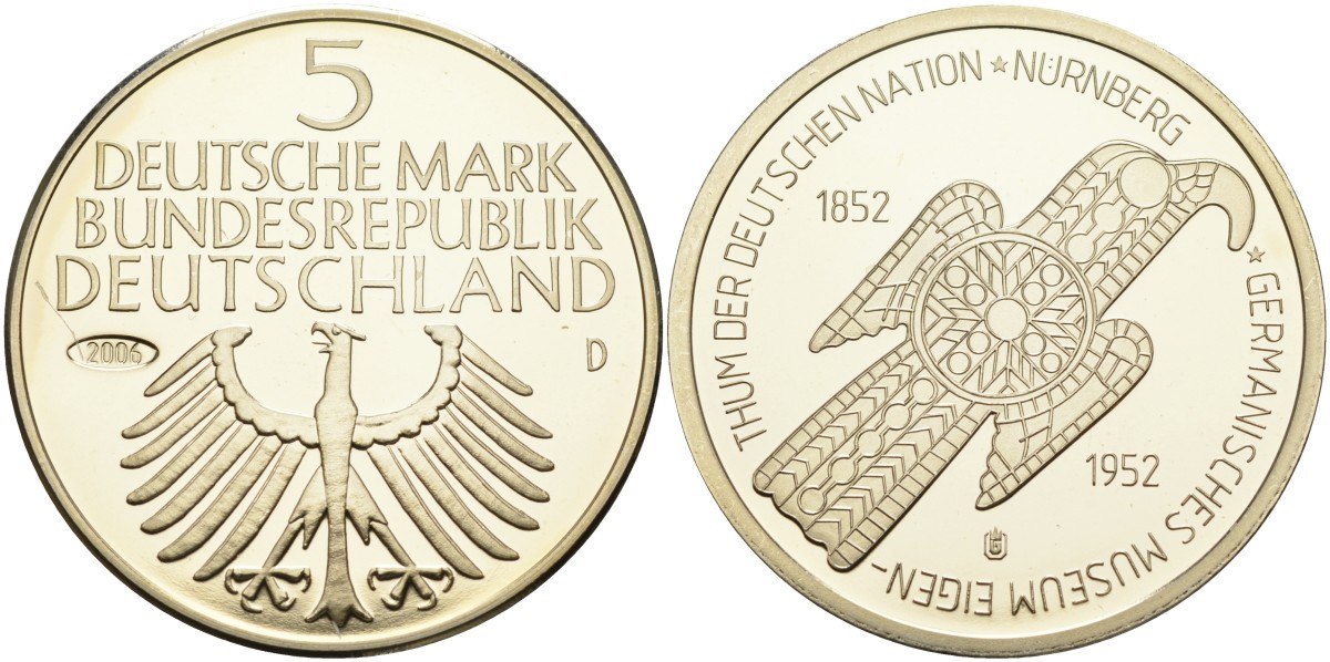 Германия медаль 2006 5 марок 1952 года, 100 лет Германскому музею в Нюрнберге медно-никель PROOF 01-083-45