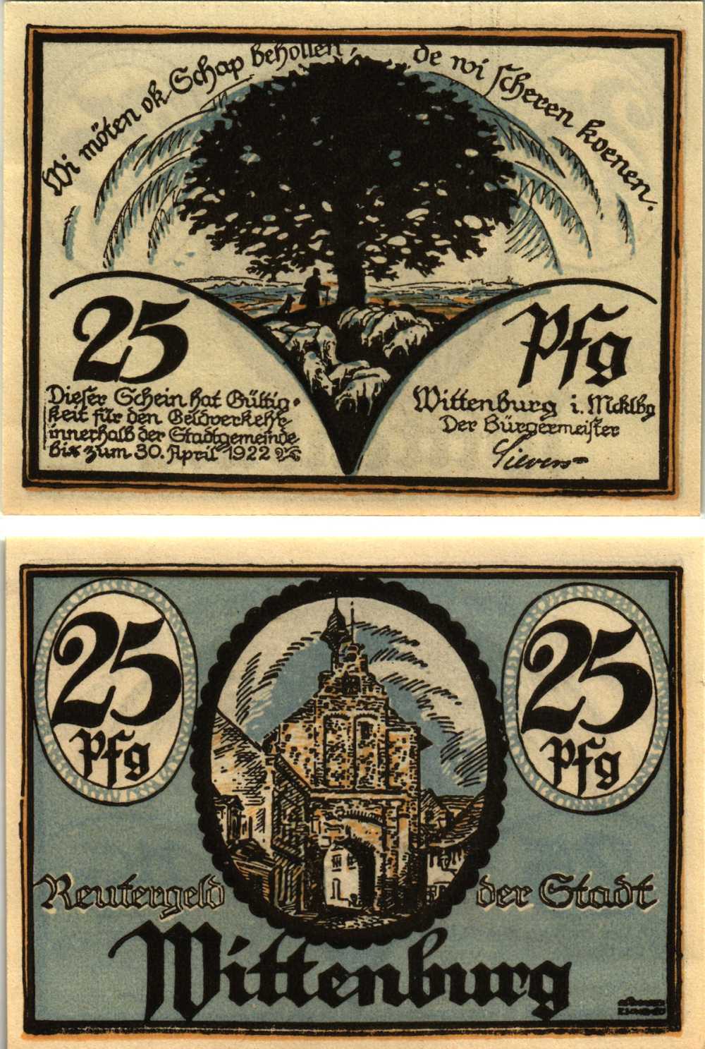 ВИТТЕНБЕРГ 25 ПФЕННИГОВ 1922 НОТГЕЛЬД, МАЙ 1922 - 30 АПРЕЛЯ 1922, ЗЕМЛЯ САКСОНИЯ-АНХАЛЬТ Grabowski 1445.1 бумага 8608-10-2-2