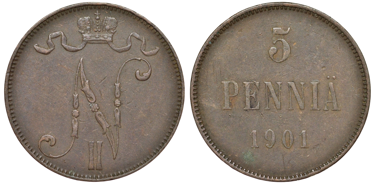 Россия для Финляндии 5 пенни 1901 Биткин 445 медь 51-1234