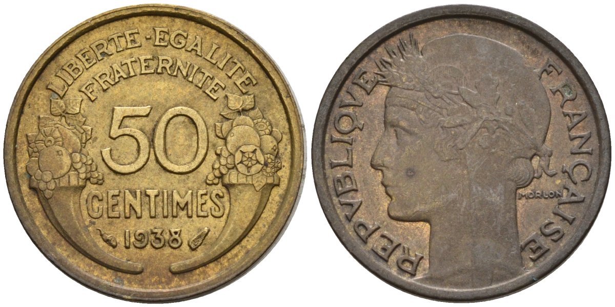 Франция 50 сантимов 1938 KM 894.1, Le Franc 192.15 алюминиевая бронза 4596-811
