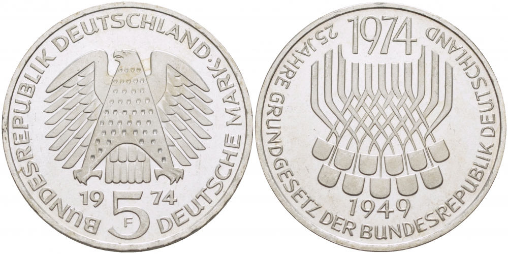 ФРГ 5 марок 1974 F, 25 лет со дня принятия конституции ФРГ KM 138, J.413 серебро UNC 3457-336