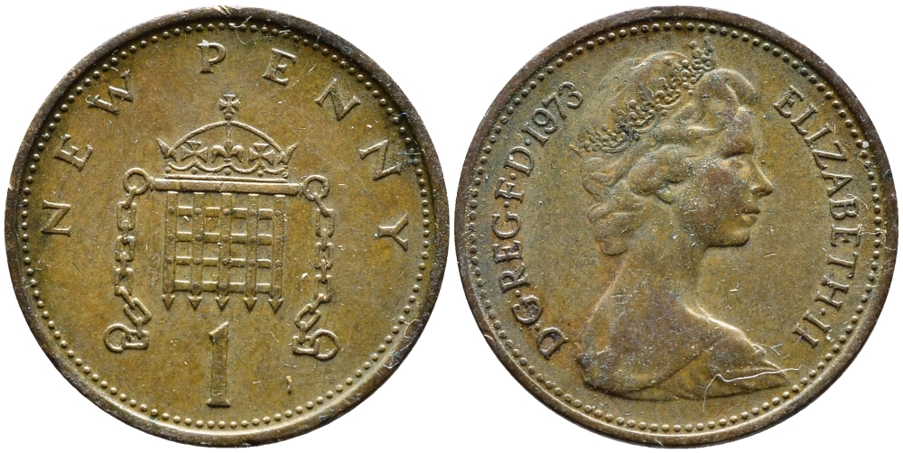 Великобритания 1 пенни 1973 Елизавета II (1952-2022) KM 915, Spink 4237 (B1) бронза 4393-254