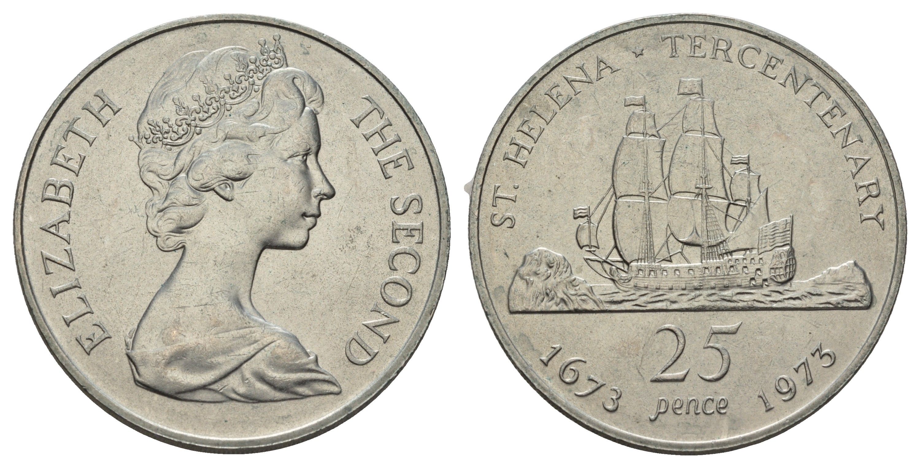 Остров Святой Елены 25 пенсов 1973 300 лет восстановлению британского владения островом KM 5 медно-никель BU 11-315-43