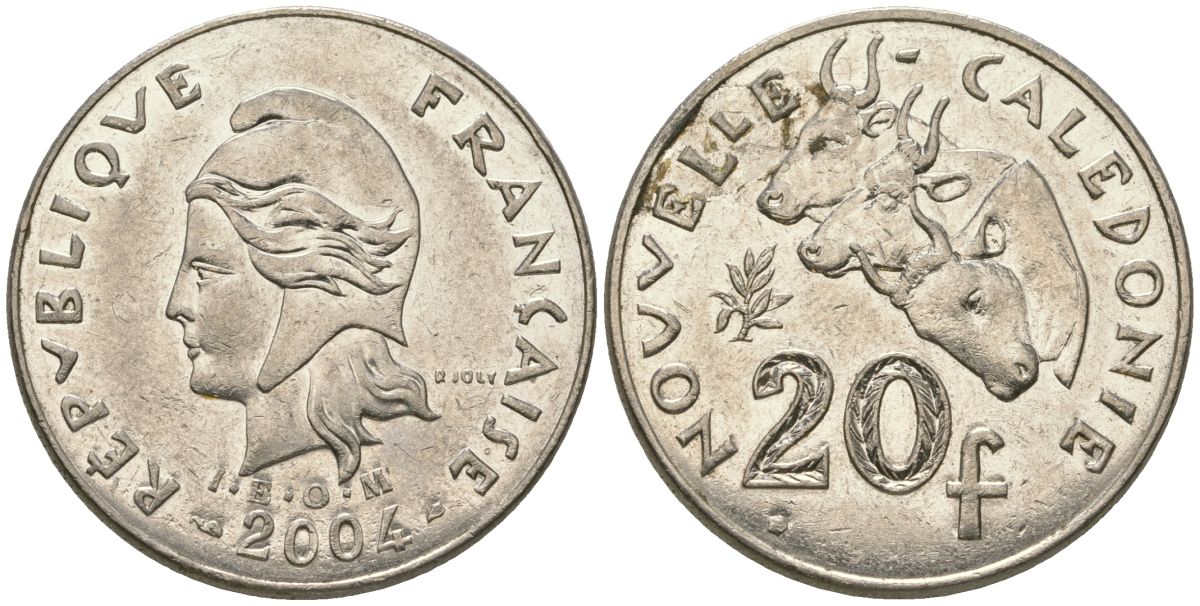 Французская Новая Каледония 20 франков 2004 три быка, (IEOM) KM 12, Schoen 14, Lec 115h никель 81-815