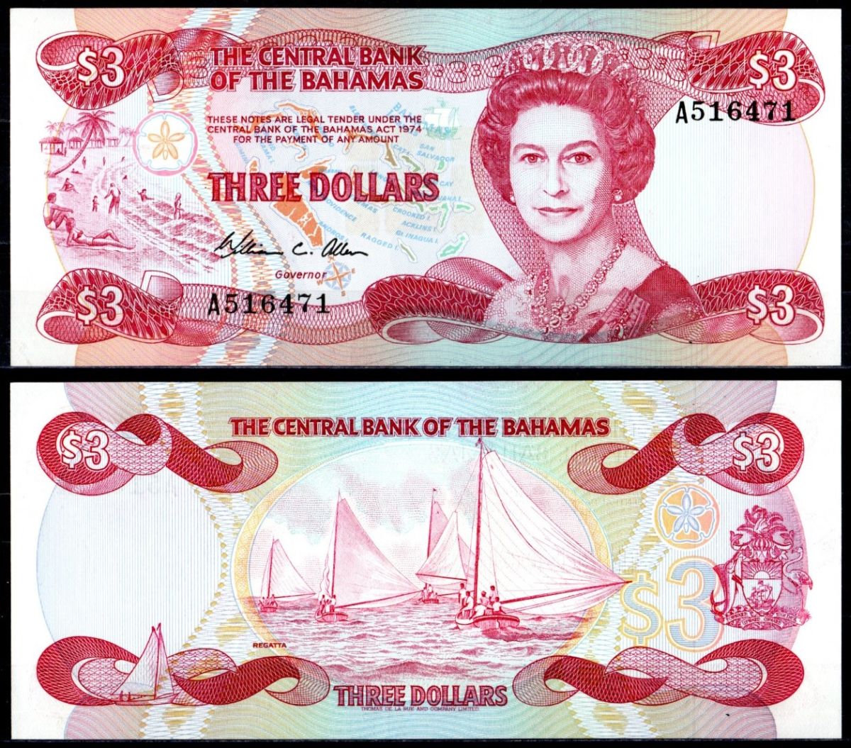 Багамский Острова 3 долларa 1974 (1984) Елизавета II (1952-2022), парусные лодки Pick 44 бумага UNC (пресс) 7201-11-2