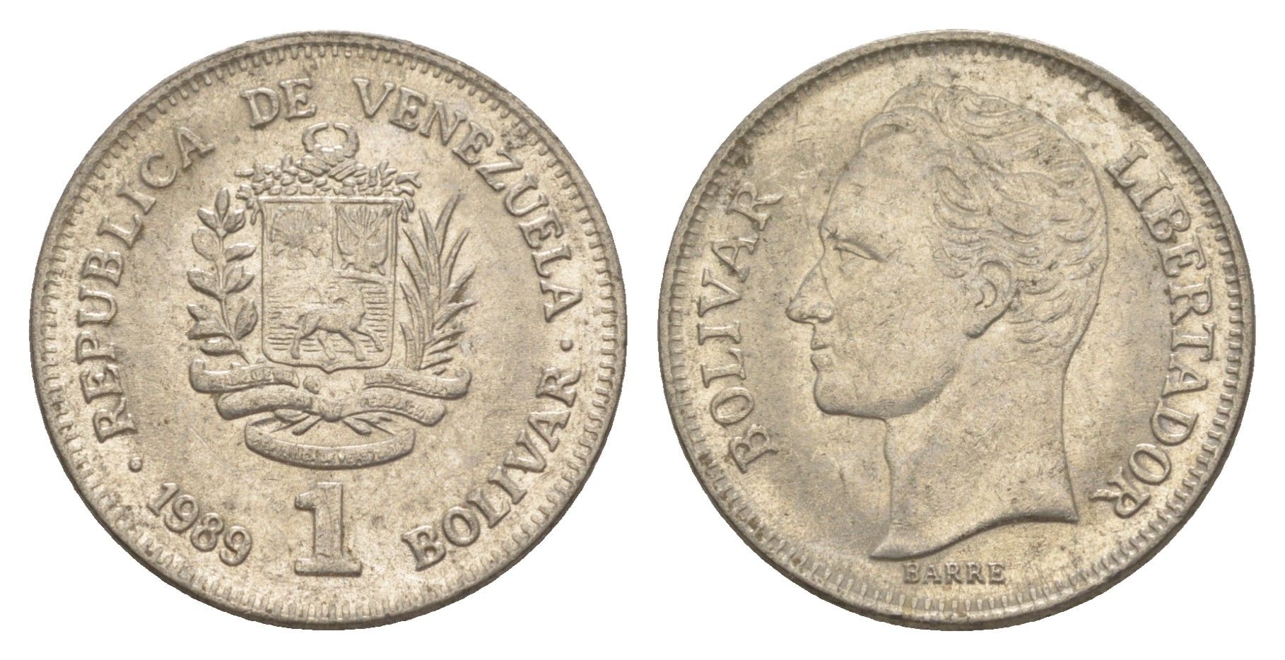 Венесуэла 1 боливар 1989 Симон Боливар, тонкий шрифт Y 52a.1 сталь плакированная никелем 4589-954