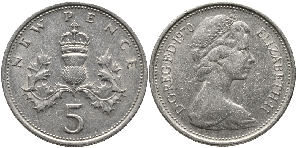 Великобритания 5 пенсов 1970 Елизавета II (1952-2022) KM 911, Spink 4233 (D1) медно-никель 65-947