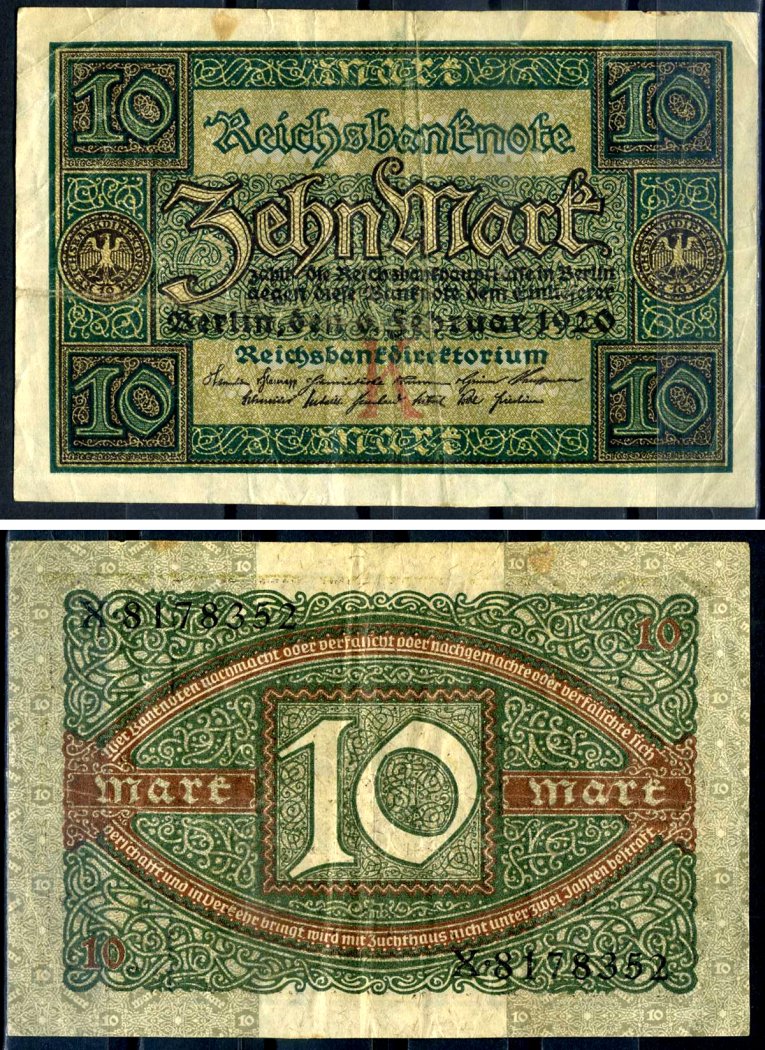 Германия 10 марок 1920 буква K, серия X, номер семизначный Pick 67a, Rosenberg 63а бумага 8617-29-2-2