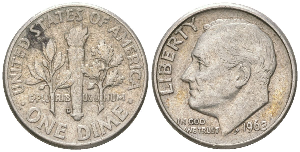 США 10 центов (дайм) 1962 D, президент Рузвельт KM 195 серебро 4564-534