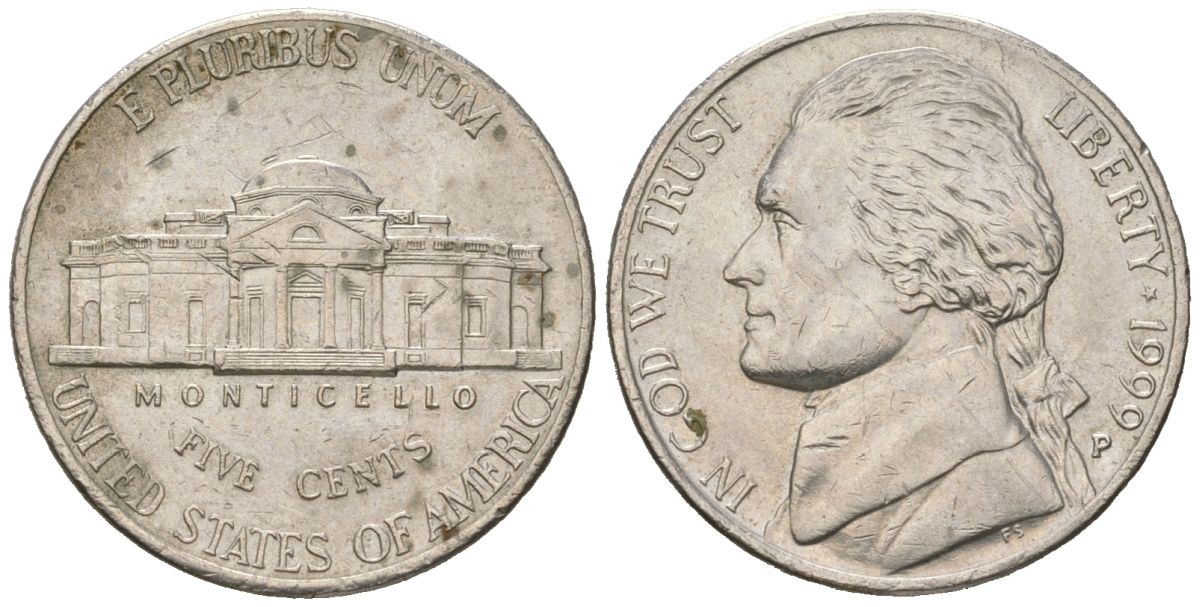 США 5 центов 1999 P, Томас Джефферсон KM A192 медно-никель aUNC 216-557