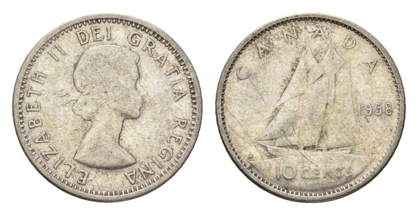 Канада 10 центов 1958 Елизавета II (1952-2022), парусник KM 51 серебро 99-768