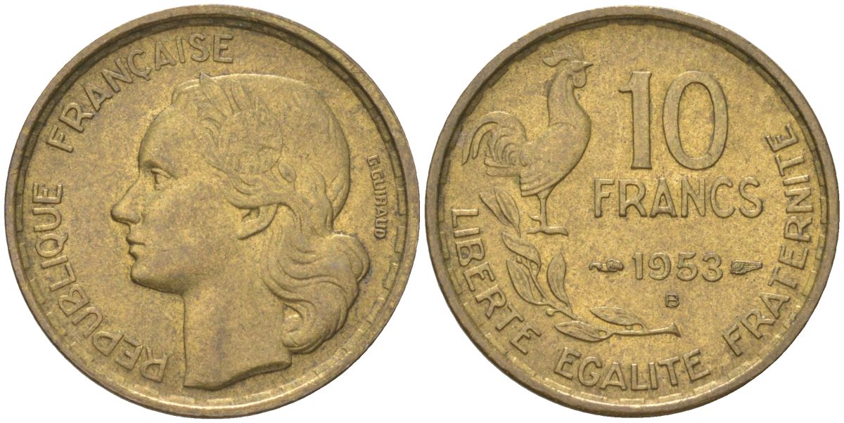 Франция 10 франков 1953 петух KM 915 алюминиевая бронза aUNC 4613-857