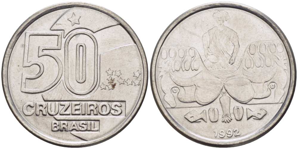 Бразилия 50 крузейро 1992 KM 620.2 нержавеющая сталь 4364-2112