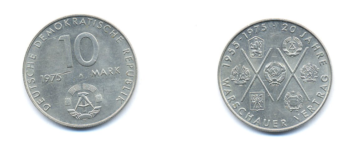 ГДР 10 марок 1975 А, 20 лет Варшавскому договору KM 58, J. 1557 медно-никель 3333-111