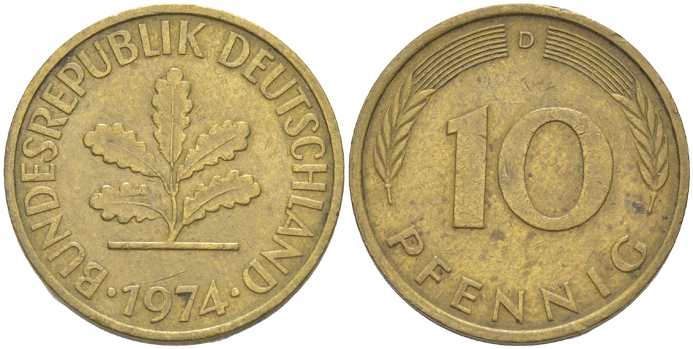 ФРГ 10 ПФЕННИГОВ 1974 D KM 108, J. 383 сталь плакированная латунью 4182-836