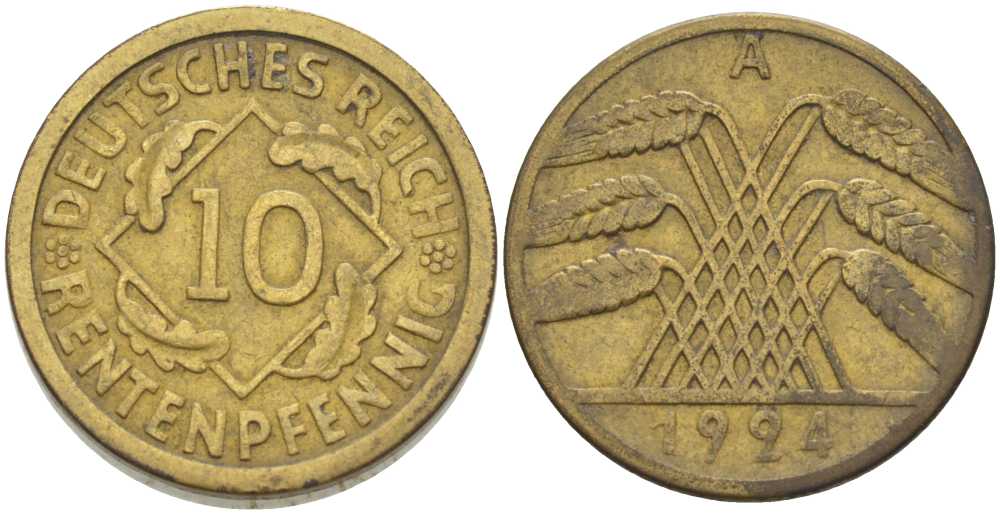 ГЕРМАНИЯ 10 РЕНТЕНПФЕННИГОВ 1924 A KM 33, J.309, Weege 8 алюминиевая бронза 202-244