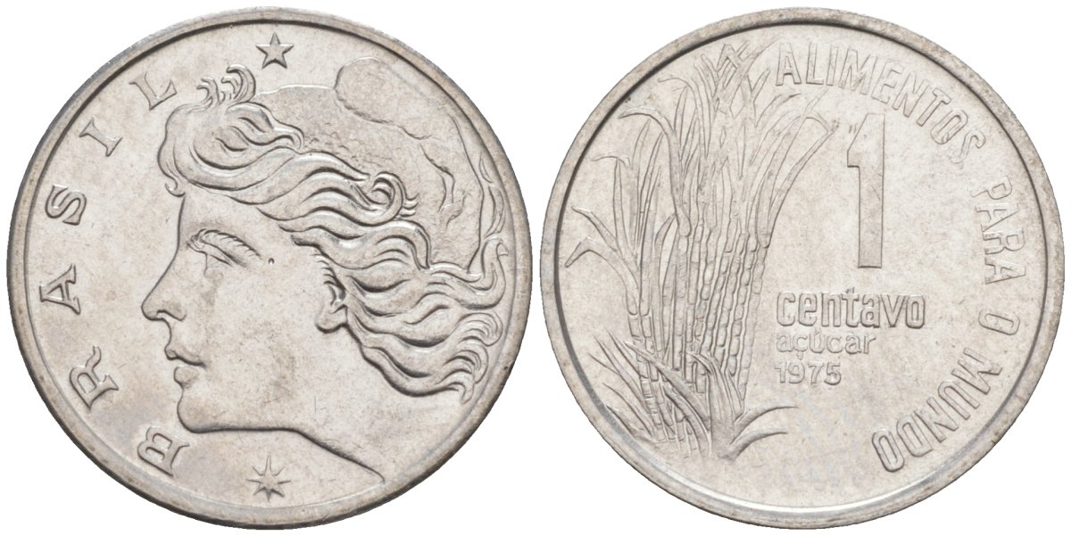 Бразилия 1 сентаво 1975 FAO, сахарный тростник KM 585 нержавеющая сталь 187-526
