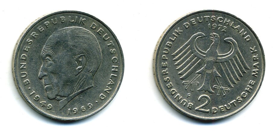 ФРГ 2 марки 1972 F, Конрад Аденауэр KM 124, J. 406 медно-никель плакированный никелем 29-434
