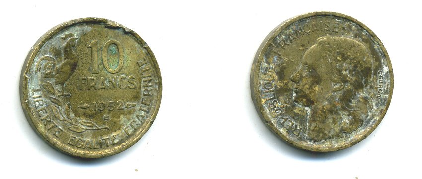 Франция 10 франков 1952 петух KM 915.1, Le Franc 363.4 алюминиевая бронза 23-1052