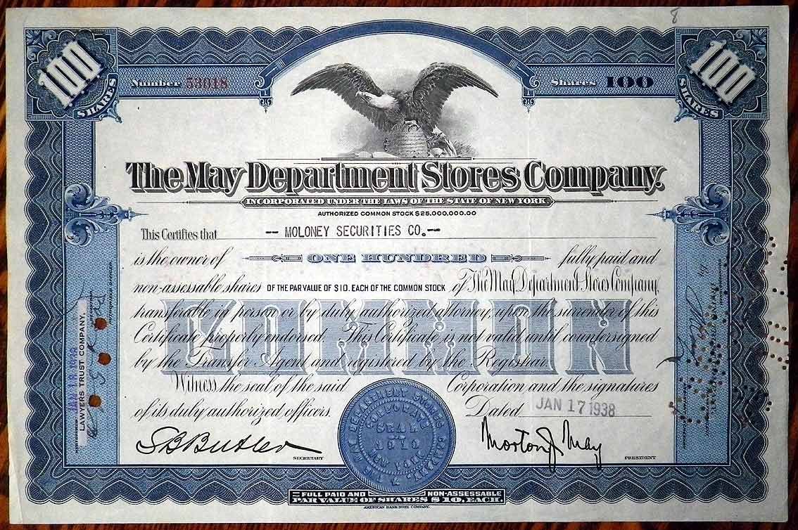 США THE MAY DEPARTMENT STORES COMPANY 1938 сертификат на 100 акций 00-00